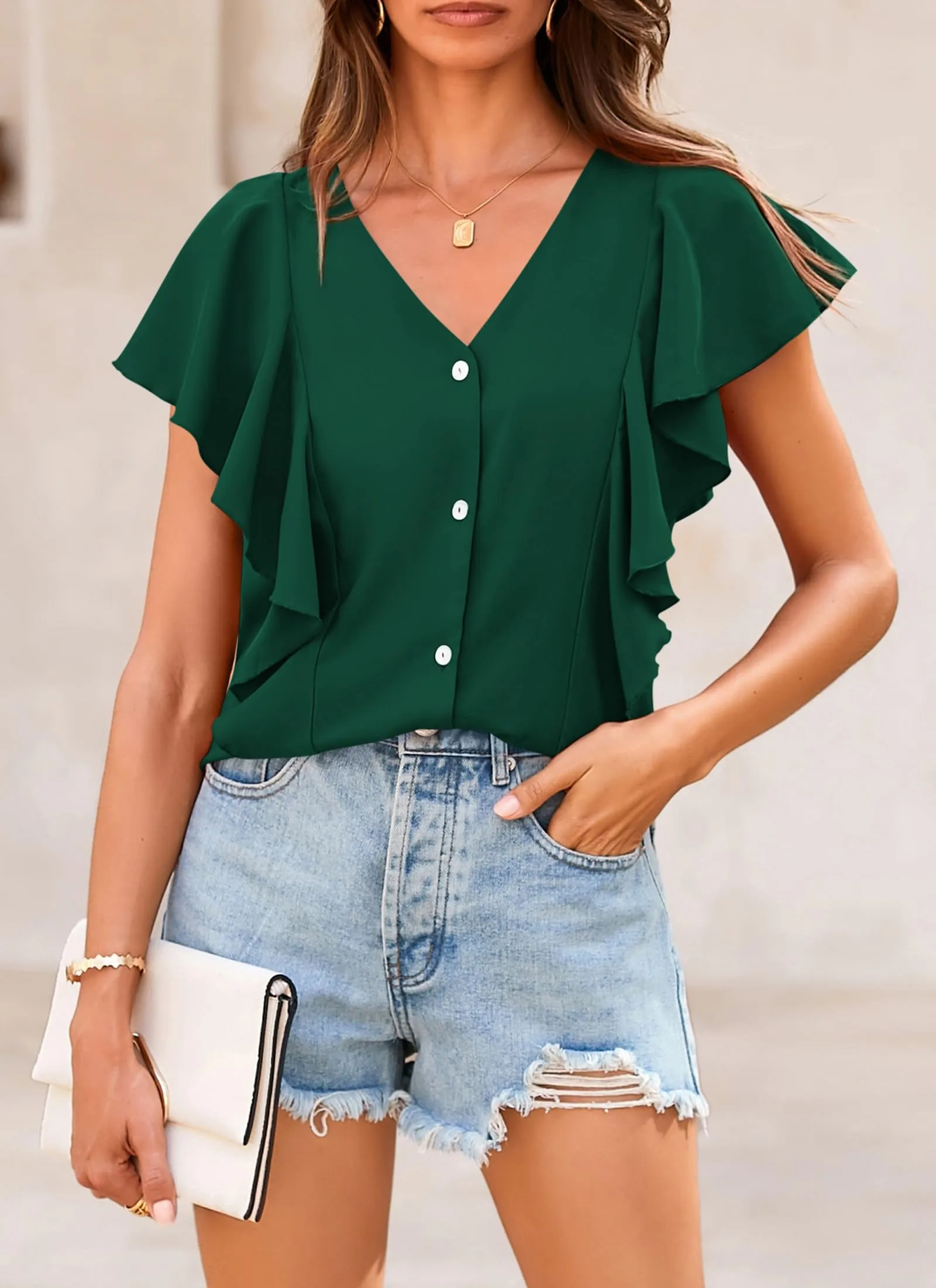 Summer Ruffle Cap Sleeve V Neck Loose Fit Tops