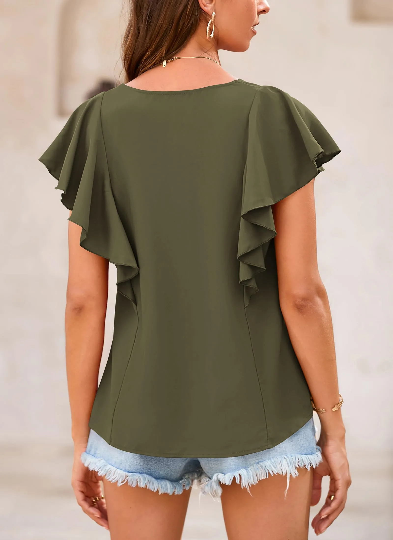 Summer Ruffle Cap Sleeve V Neck Loose Fit Tops