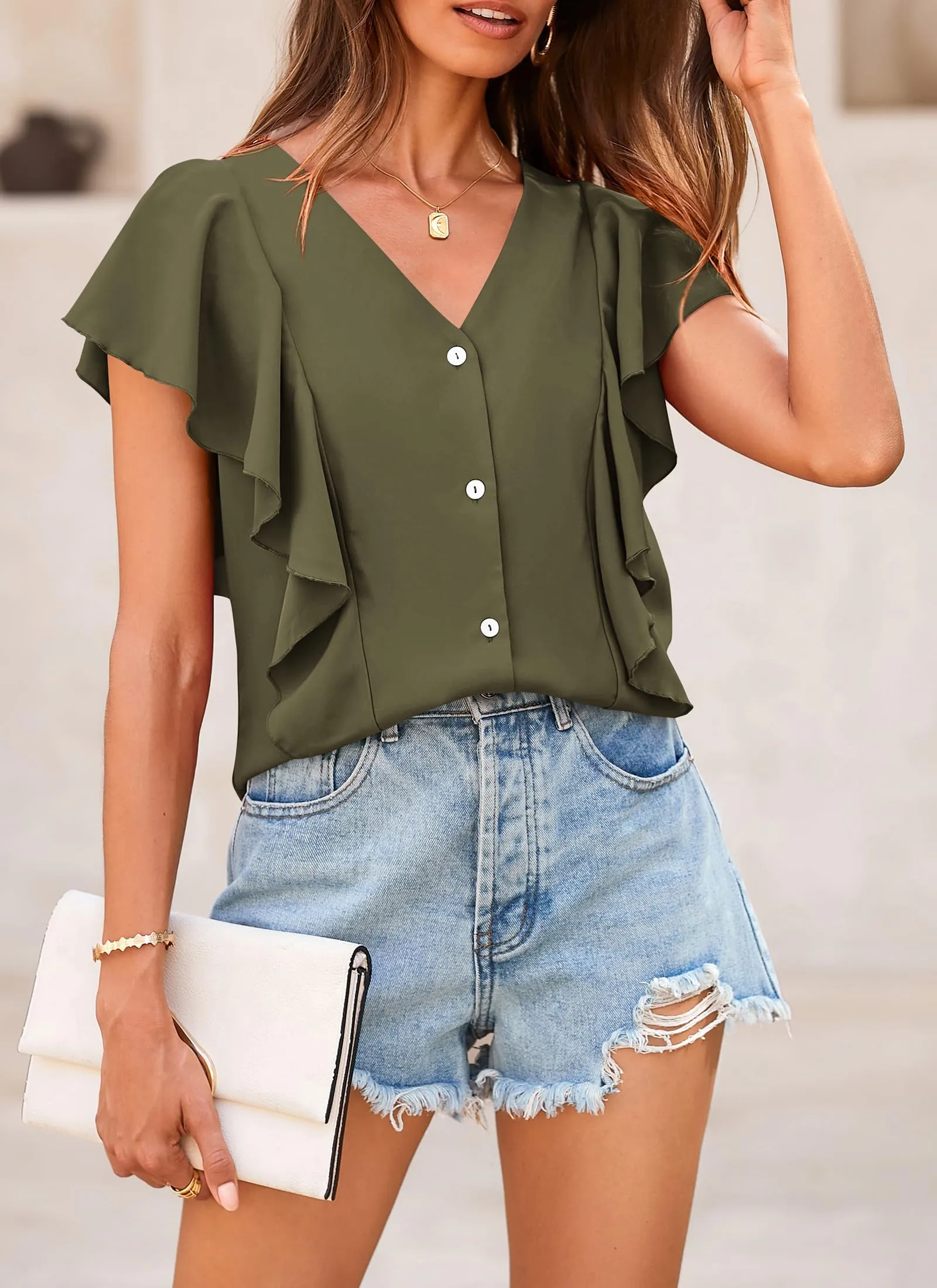 Summer Ruffle Cap Sleeve V Neck Loose Fit Tops