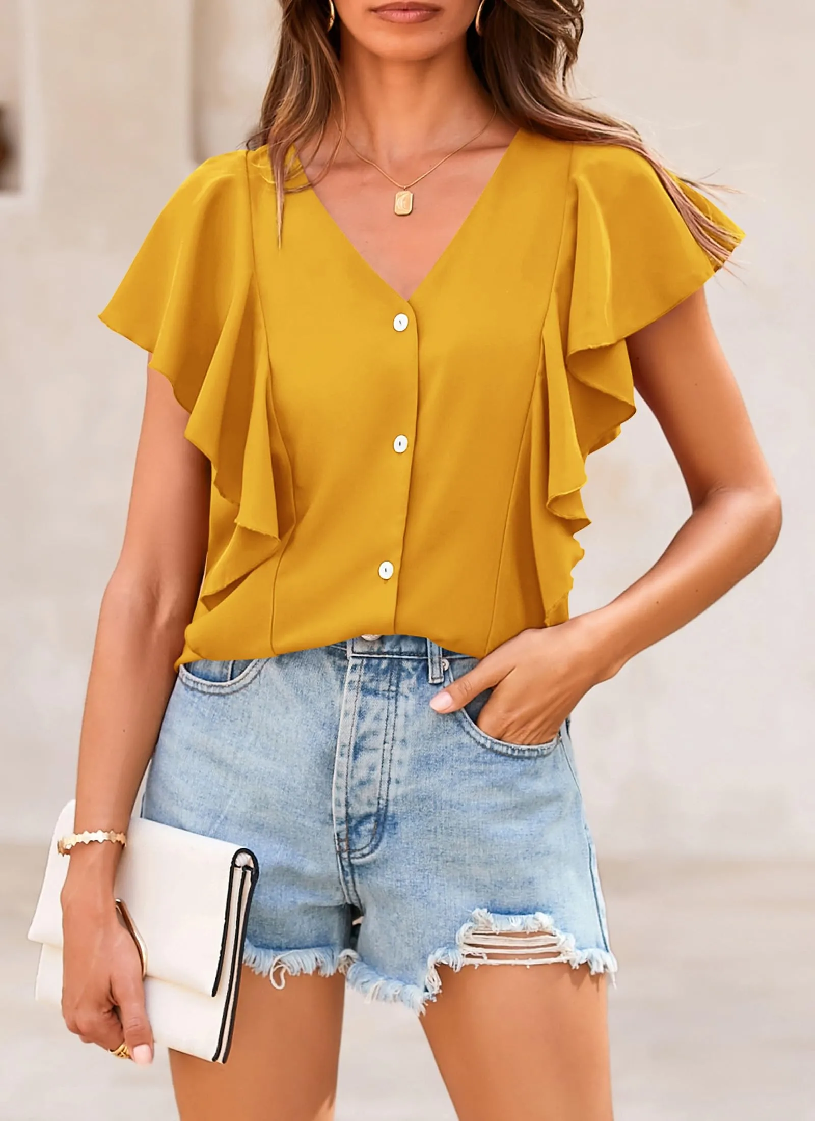 Summer Ruffle Cap Sleeve V Neck Loose Fit Tops