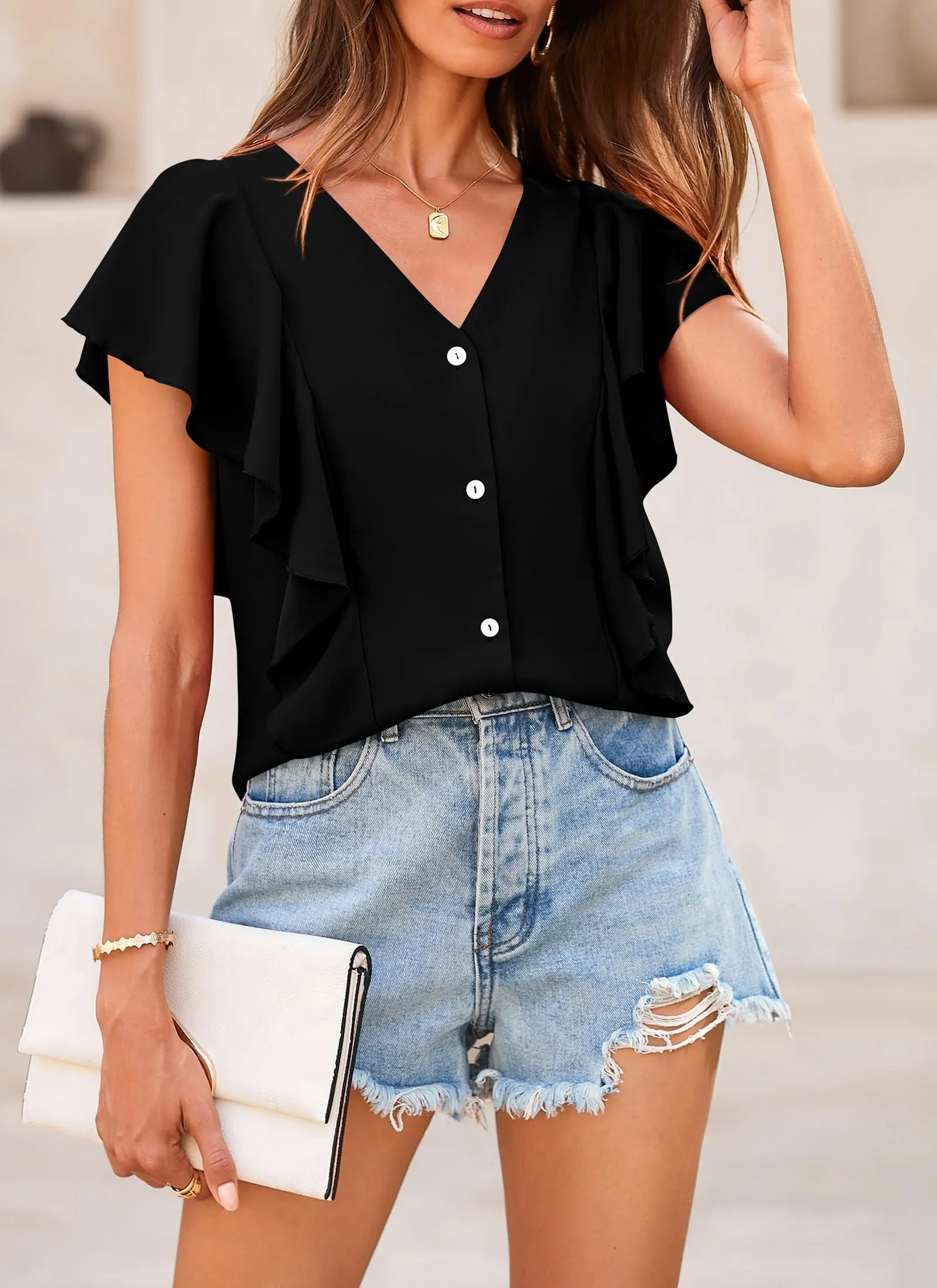 Summer Ruffle Cap Sleeve V Neck Loose Fit Tops