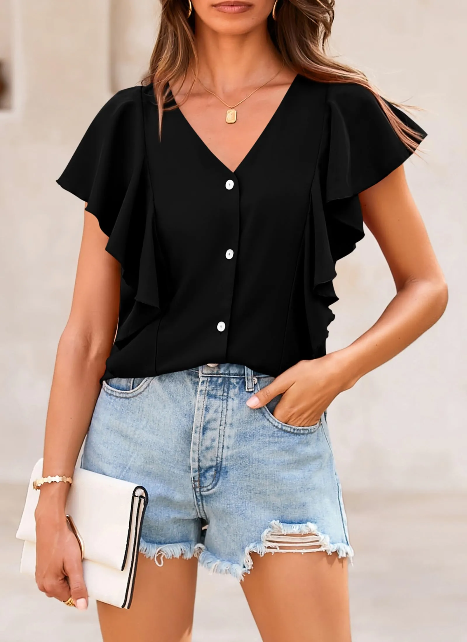 Summer Ruffle Cap Sleeve V Neck Loose Fit Tops