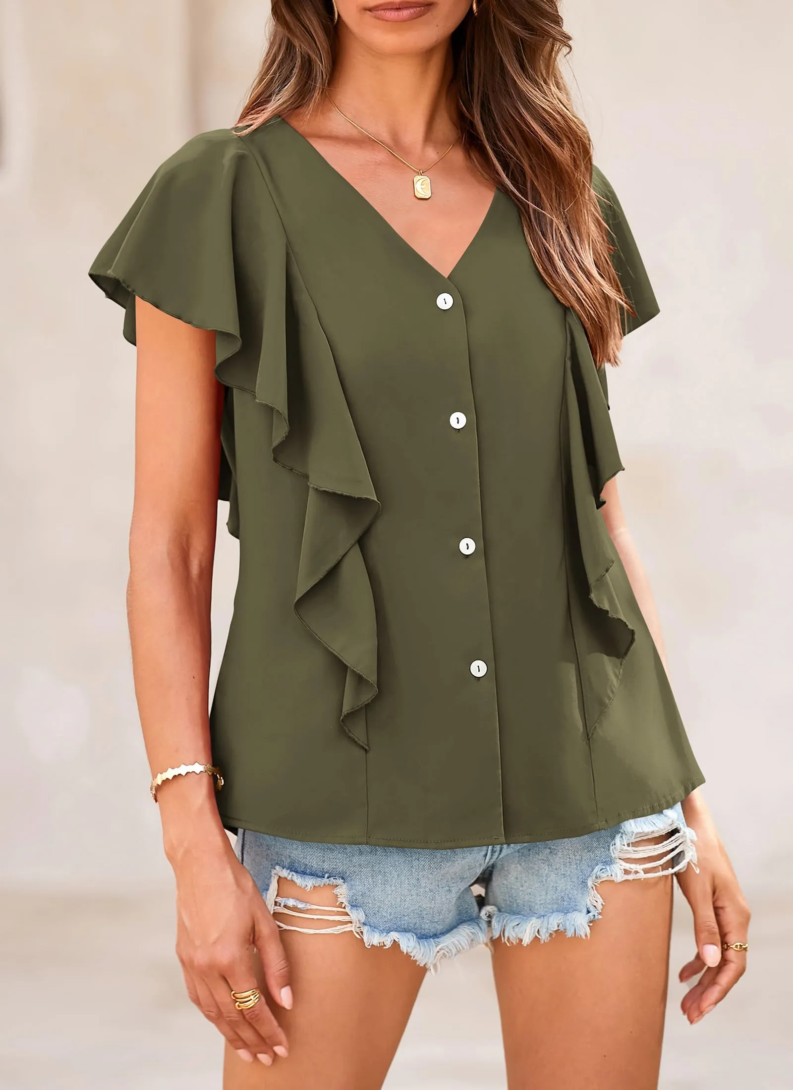 Summer Ruffle Cap Sleeve V Neck Loose Fit Tops