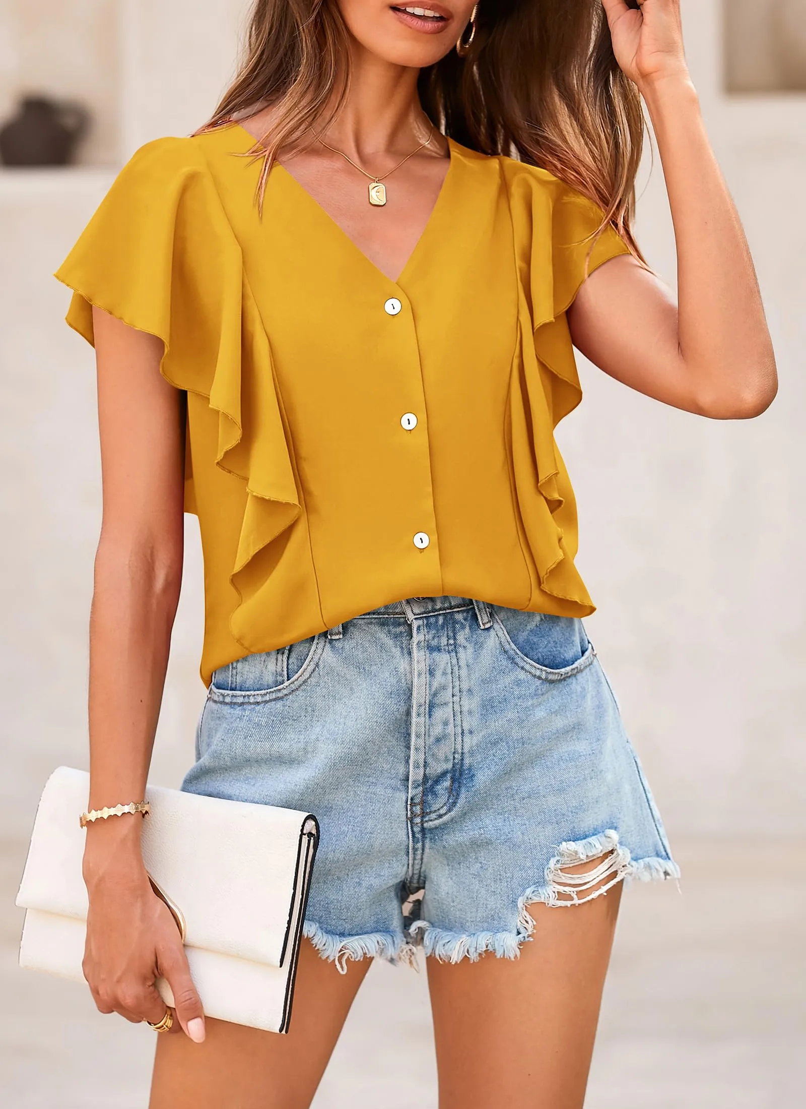 Summer Ruffle Cap Sleeve V Neck Loose Fit Tops