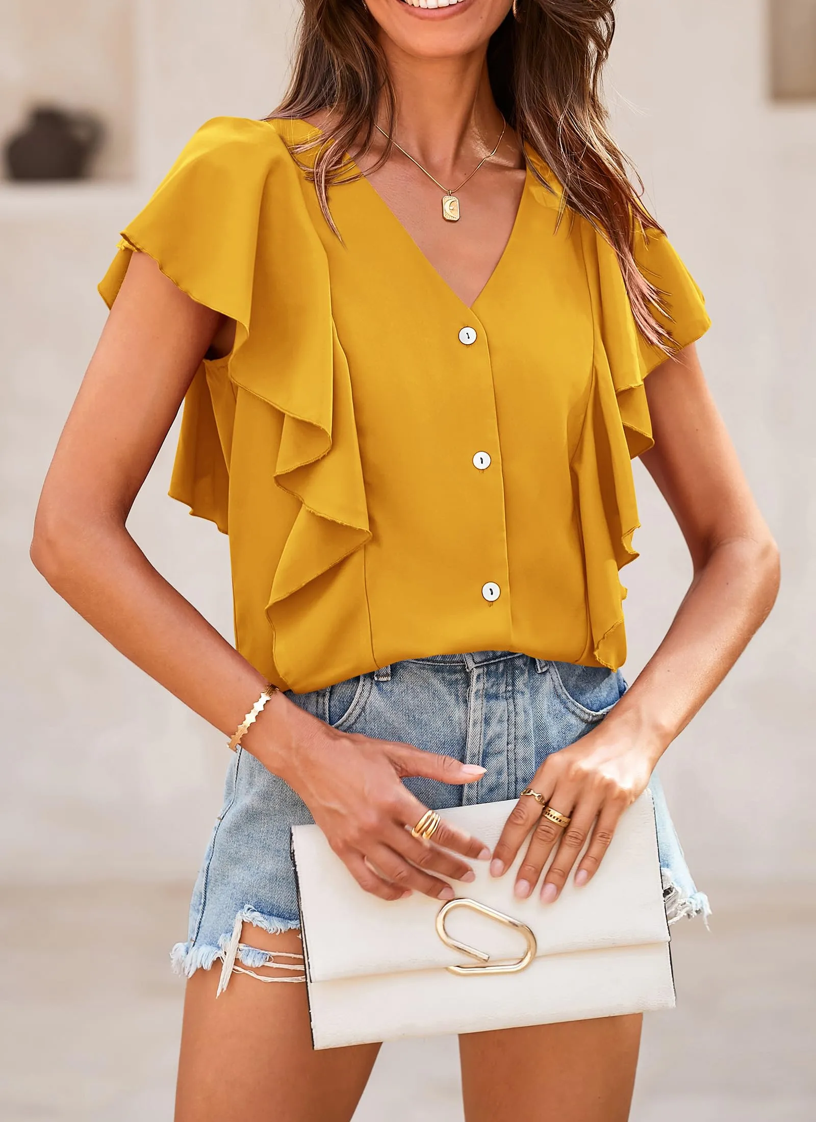 Summer Ruffle Cap Sleeve V Neck Loose Fit Tops