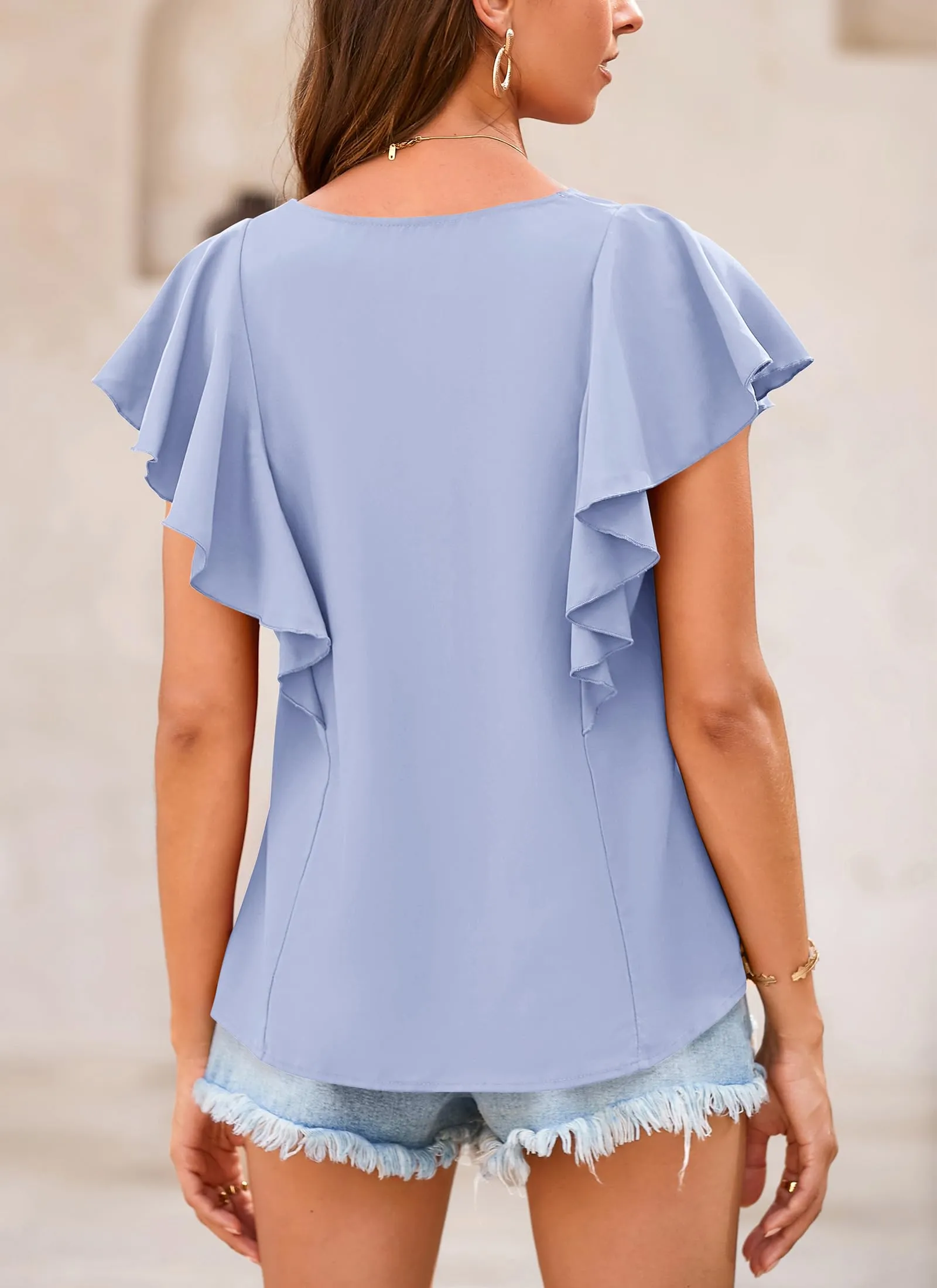 Summer Ruffle Cap Sleeve V Neck Loose Fit Tops