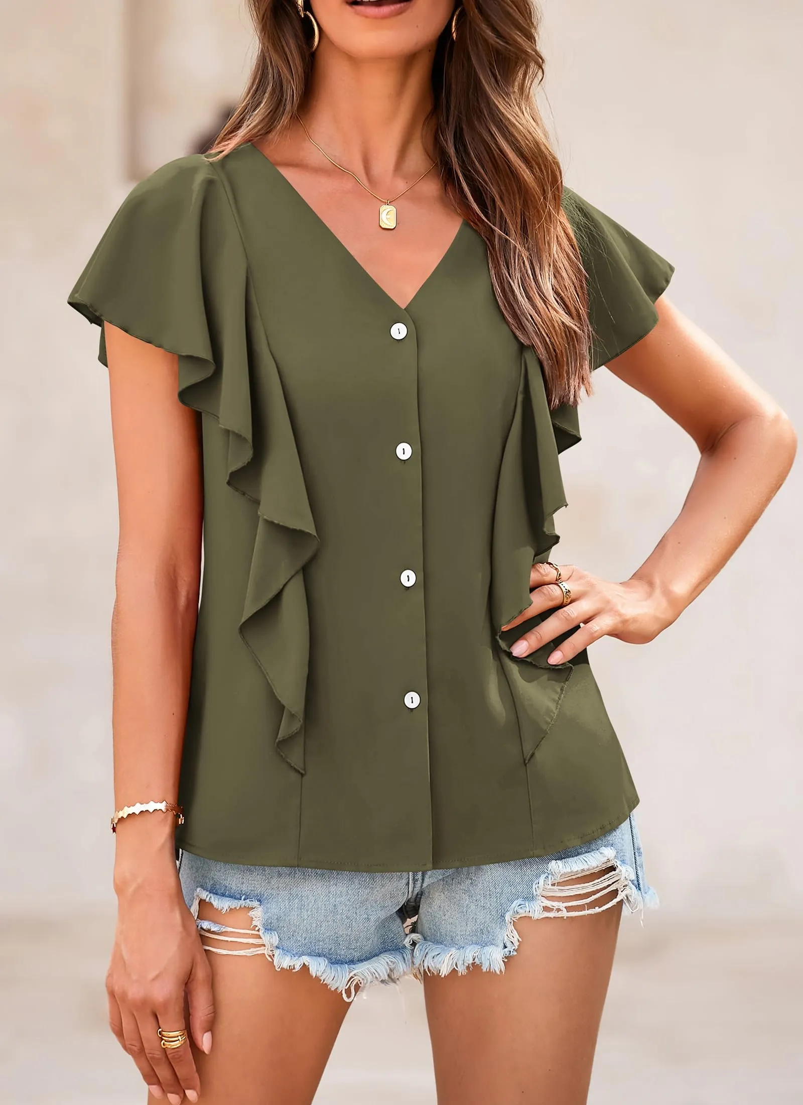 Summer Ruffle Cap Sleeve V Neck Loose Fit Tops