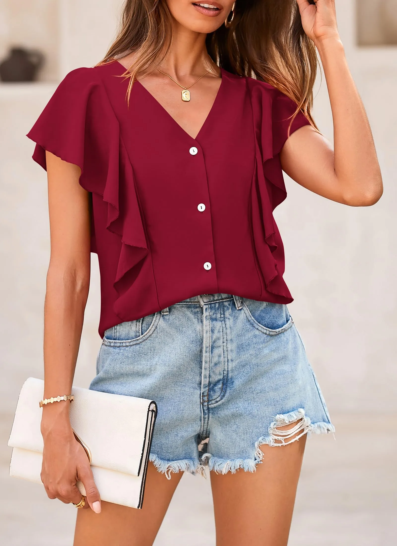 Summer Ruffle Cap Sleeve V Neck Loose Fit Tops