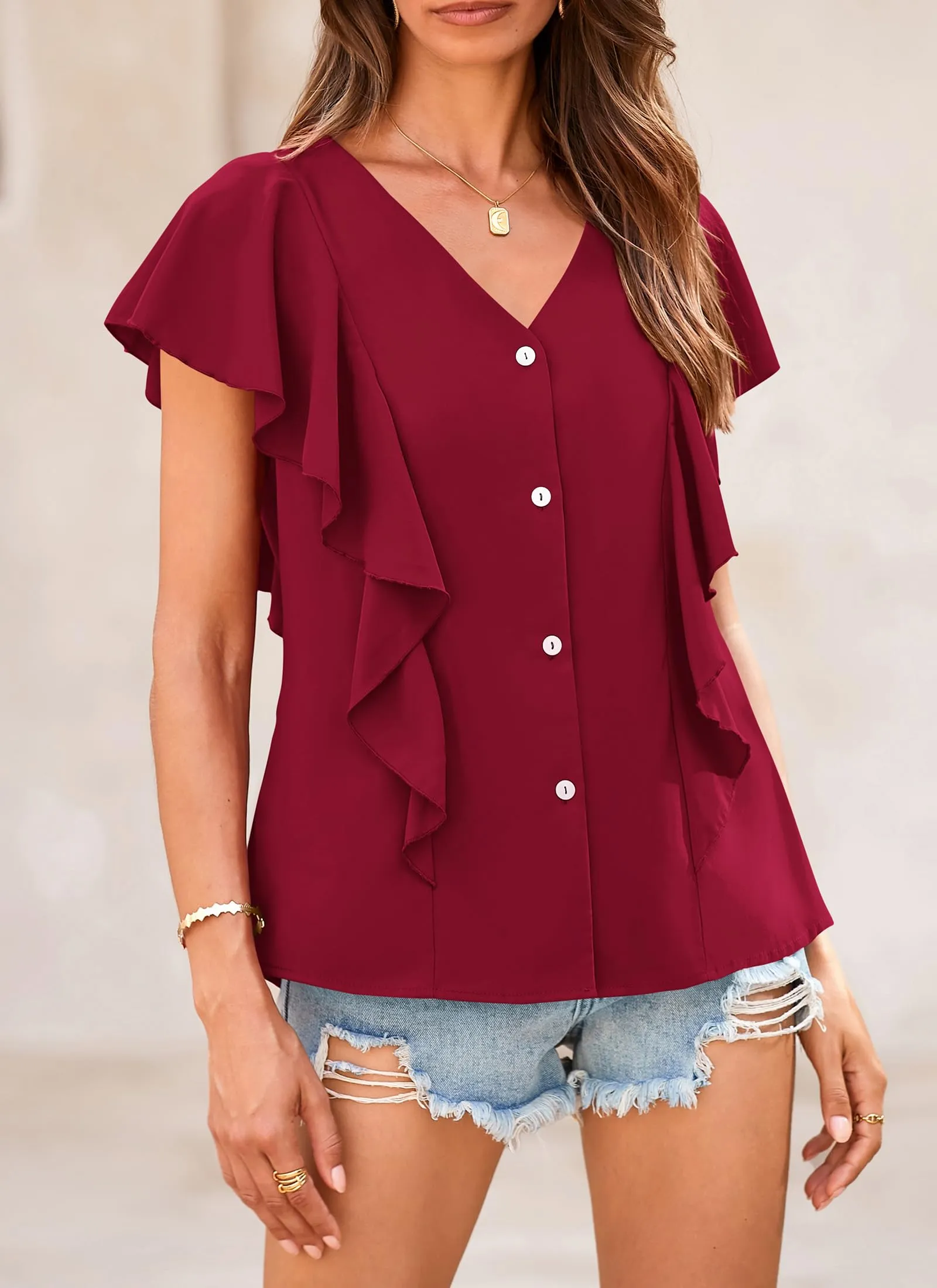 Summer Ruffle Cap Sleeve V Neck Loose Fit Tops