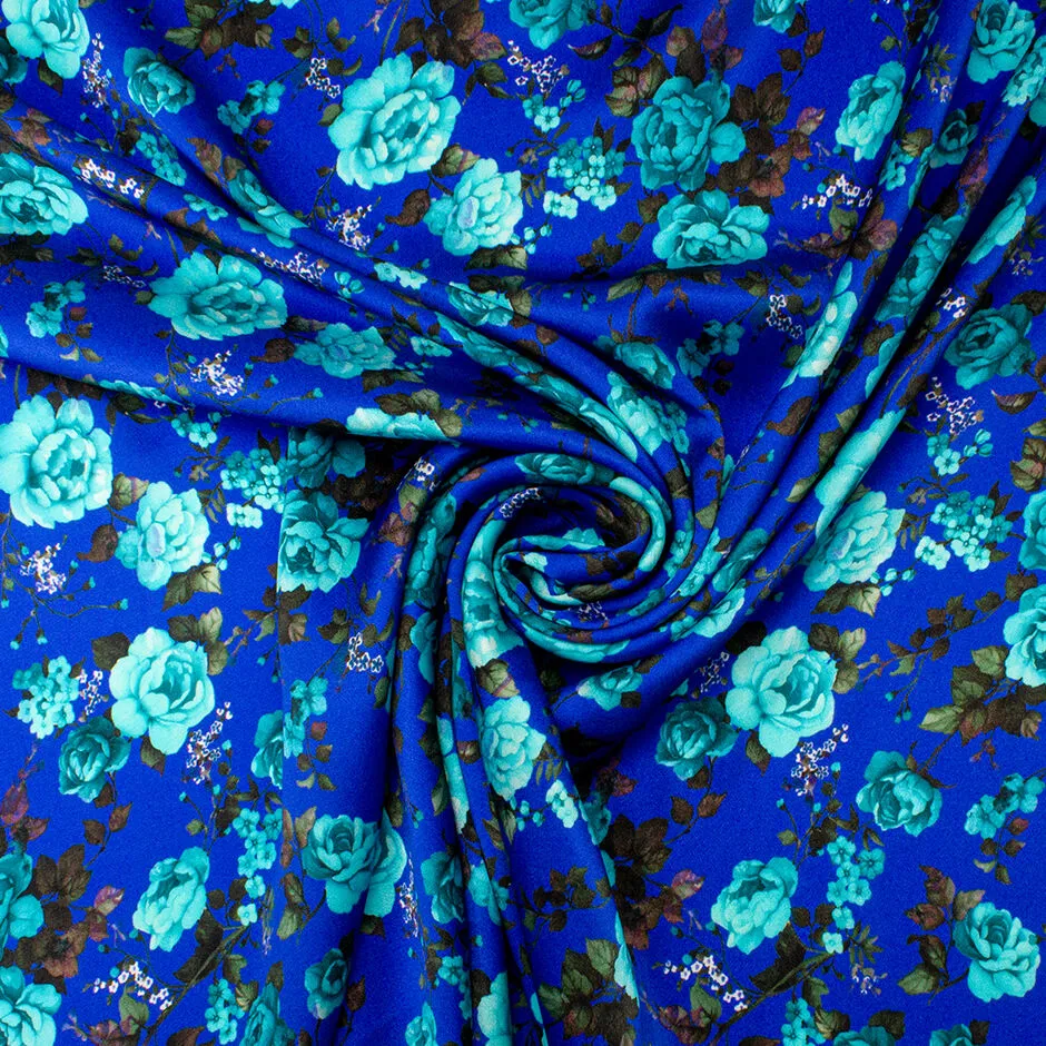 Turquoise Floral Printed Royal Blue Double Silk Satin Crêpe