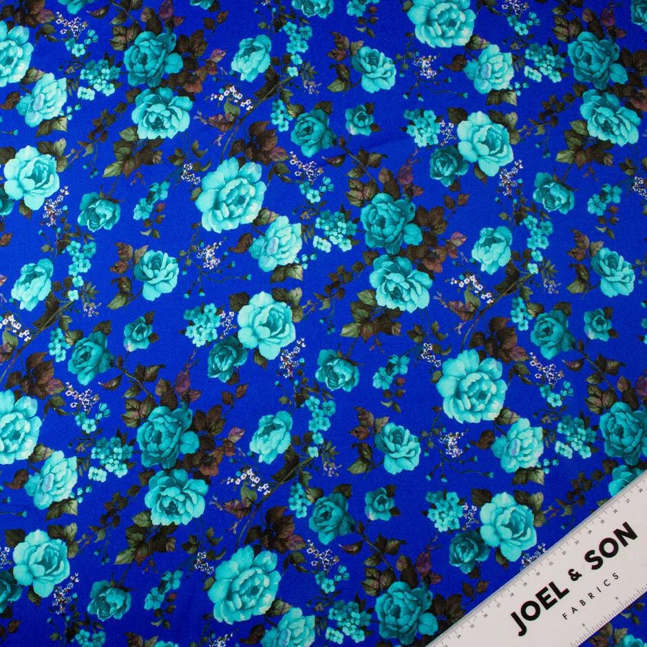 Turquoise Floral Printed Royal Blue Double Silk Satin Crêpe