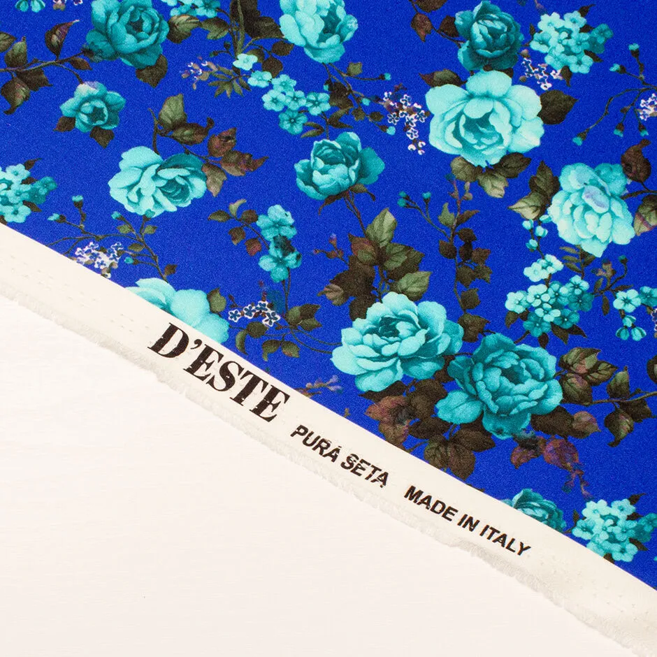 Turquoise Floral Printed Royal Blue Double Silk Satin Crêpe