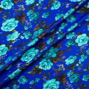 Turquoise Floral Printed Royal Blue Double Silk Satin Crêpe