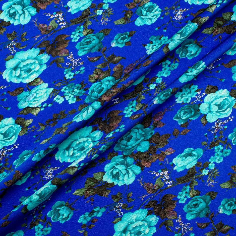 Turquoise Floral Printed Royal Blue Double Silk Satin Crêpe