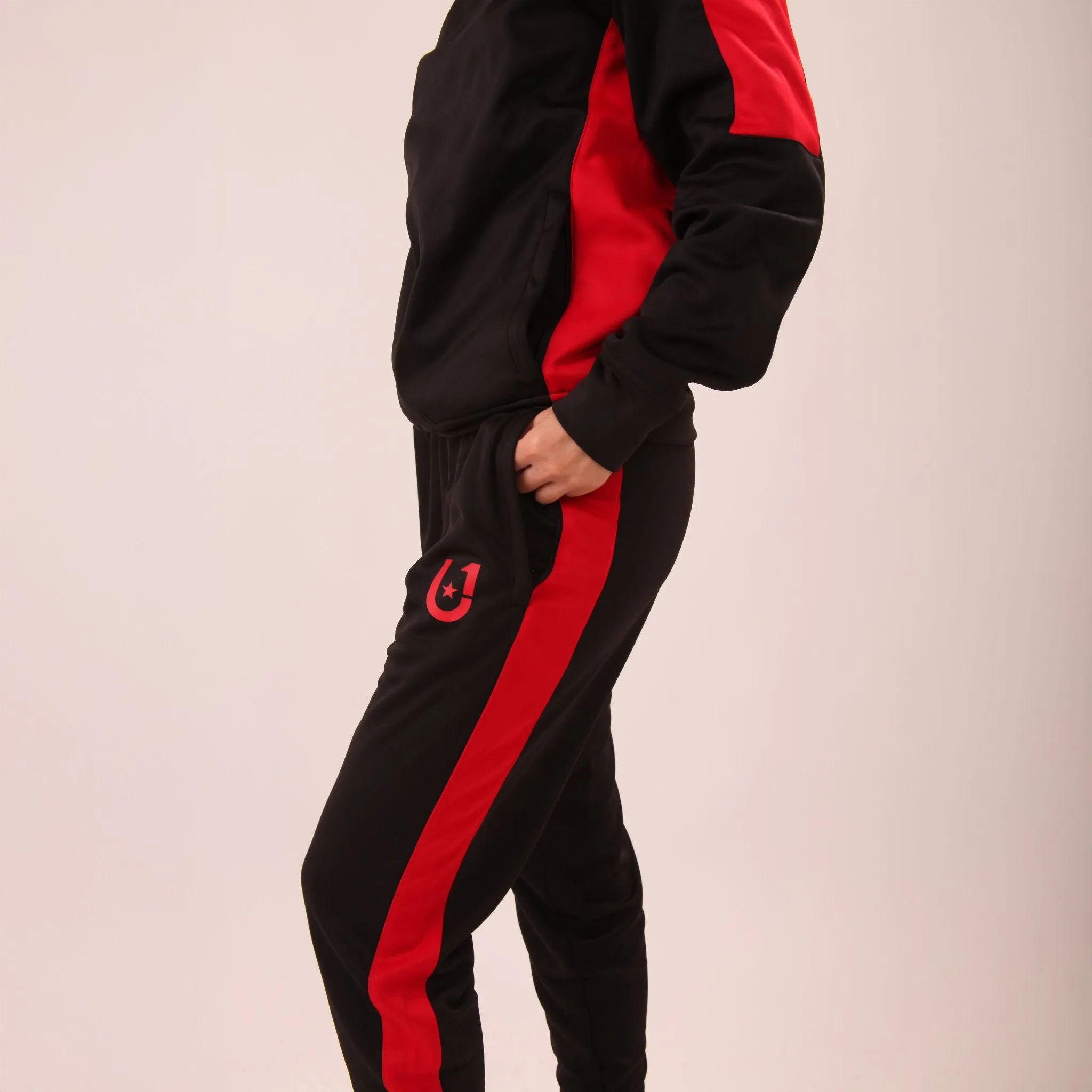 UNIFY Womens Crossover Tracksuit - Black/Red Stripes