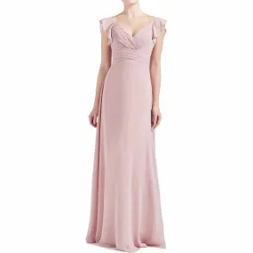 V Neck Ruffle Cap Sleeve Empire Waist Long Bridesmaid Dresses