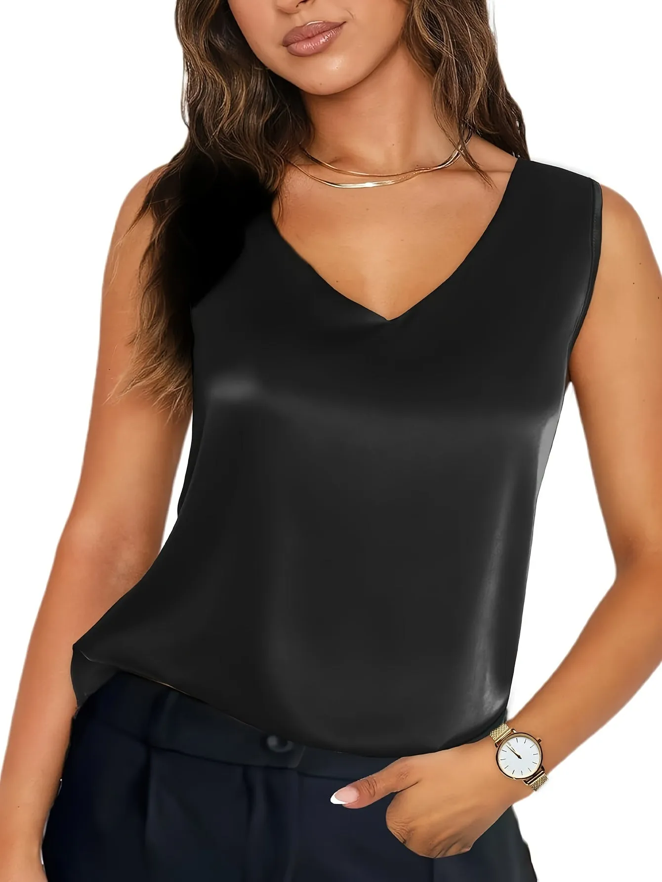 V Neck Summer Silk Shirt Ladies Sleeveless Blouses Silk Tops