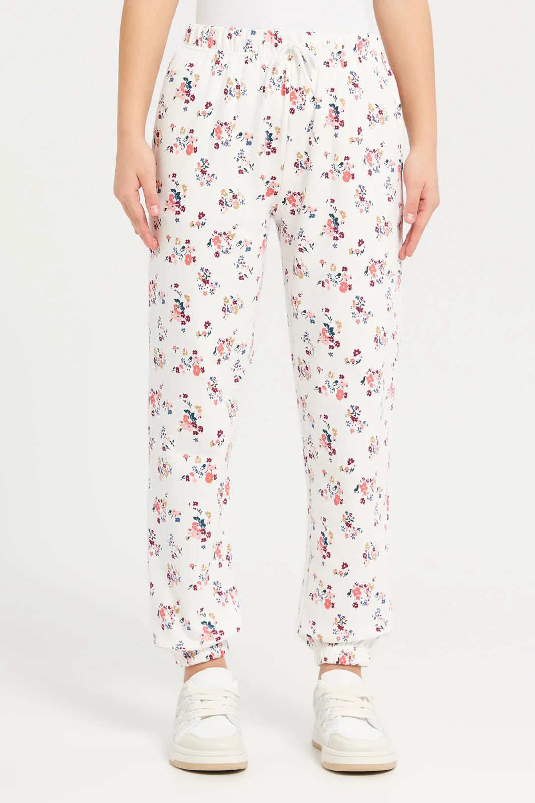 White Cream Ditsy Print Track Pants