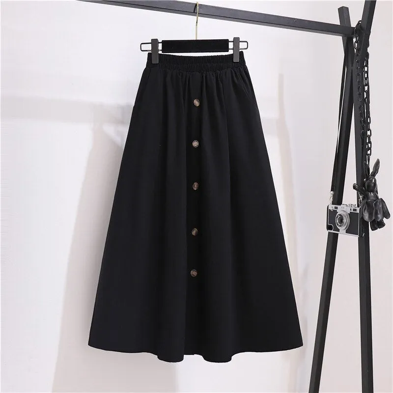 Wjczt Women Korean High Waist Single-breasted A Line Skirts Spring Autumn Vintage Harajuku Chic Mid-long Skirts Casual Solid Cotton