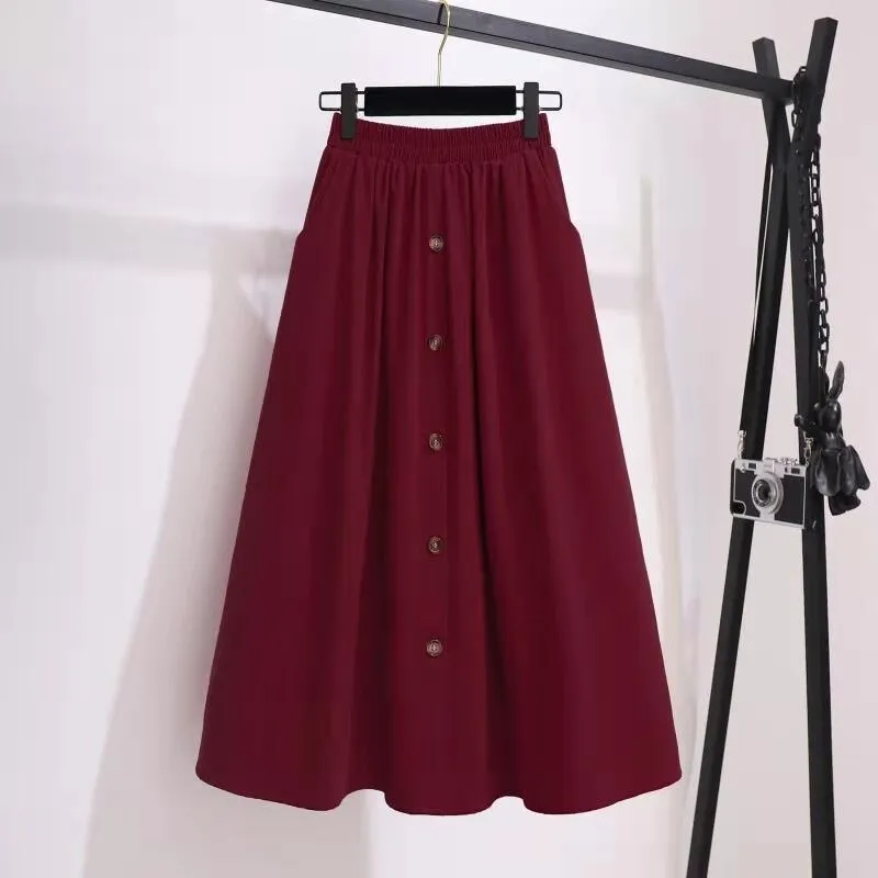 Wjczt Women Korean High Waist Single-breasted A Line Skirts Spring Autumn Vintage Harajuku Chic Mid-long Skirts Casual Solid Cotton