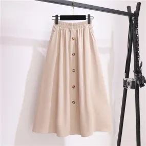 Wjczt Women Korean High Waist Single-breasted A Line Skirts Spring Autumn Vintage Harajuku Chic Mid-long Skirts Casual Solid Cotton