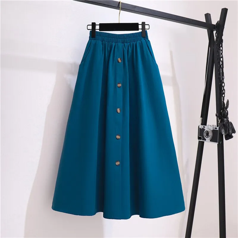 Wjczt Women Korean High Waist Single-breasted A Line Skirts Spring Autumn Vintage Harajuku Chic Mid-long Skirts Casual Solid Cotton