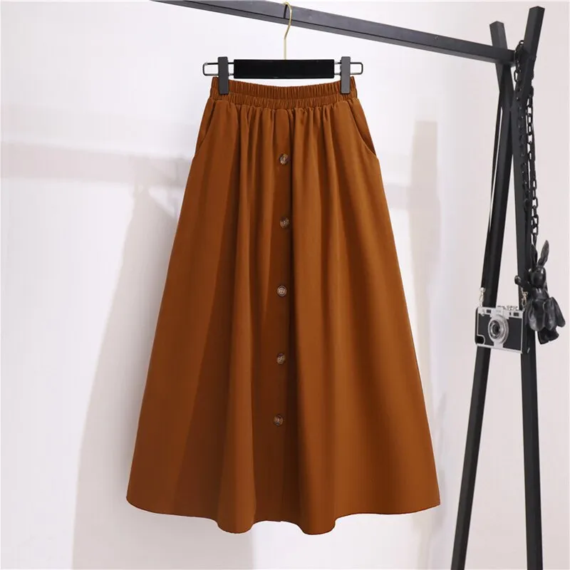 Wjczt Women Korean High Waist Single-breasted A Line Skirts Spring Autumn Vintage Harajuku Chic Mid-long Skirts Casual Solid Cotton