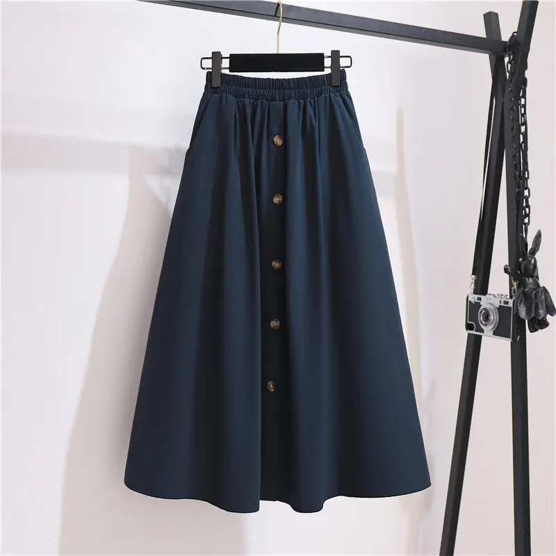 Wjczt Women Korean High Waist Single-breasted A Line Skirts Spring Autumn Vintage Harajuku Chic Mid-long Skirts Casual Solid Cotton