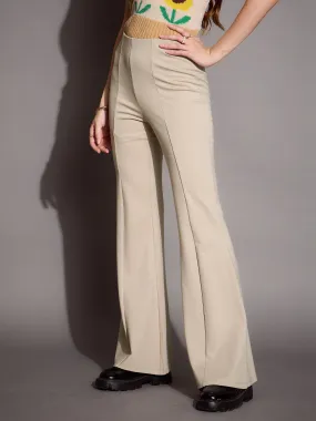 Women Beige Bootcut Flared High-Rise Trousers