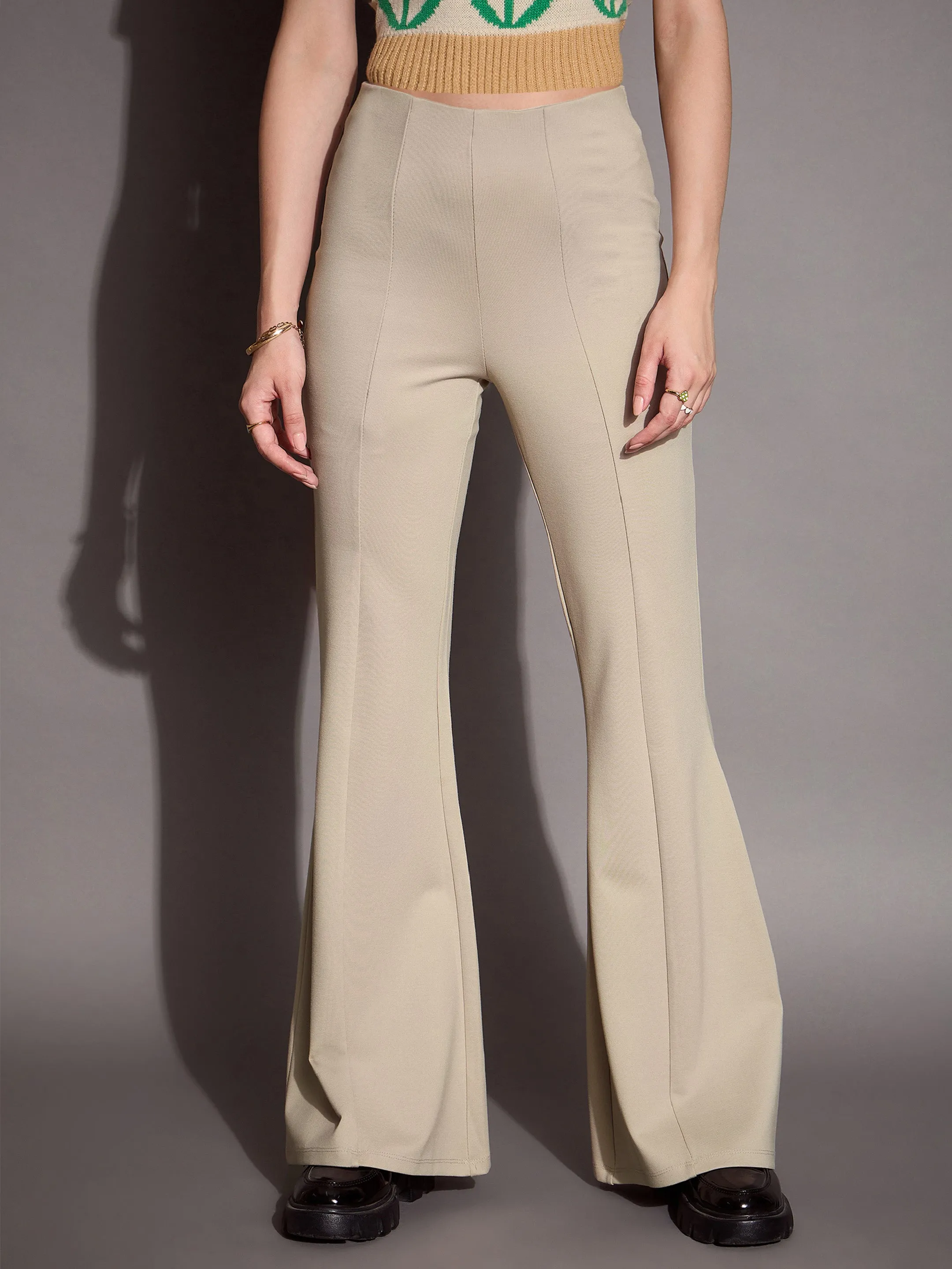 Women Beige Bootcut Flared High-Rise Trousers