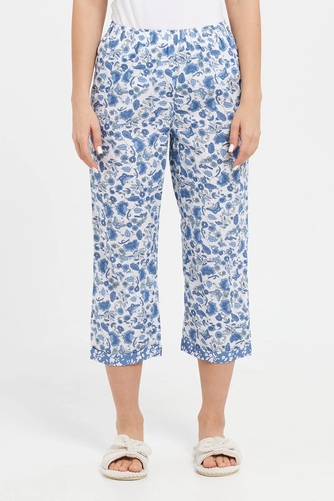 Women Blue Printed Short Sleeve Pyjama Set (2 Piece)