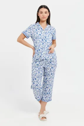 Women Blue Printed Short Sleeve Pyjama Set (2 Piece)