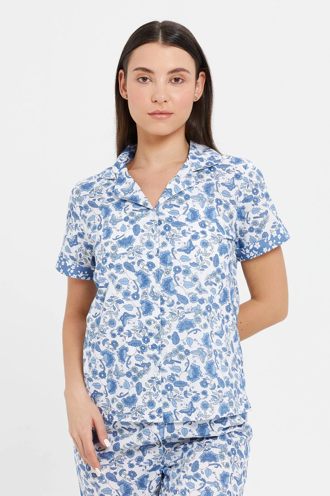 Women Blue Printed Short Sleeve Pyjama Set (2 Piece)