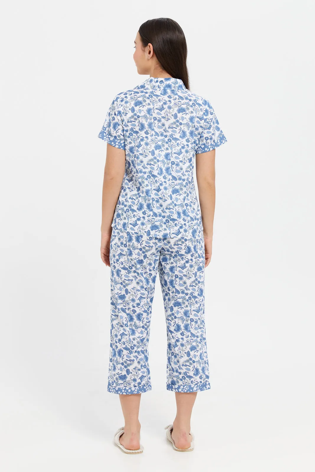 Women Blue Printed Short Sleeve Pyjama Set (2 Piece)