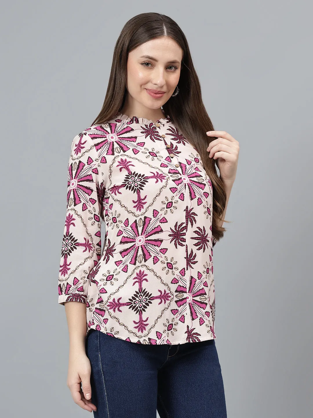 Women Multicolor Printed Band Collar Casual Tunic