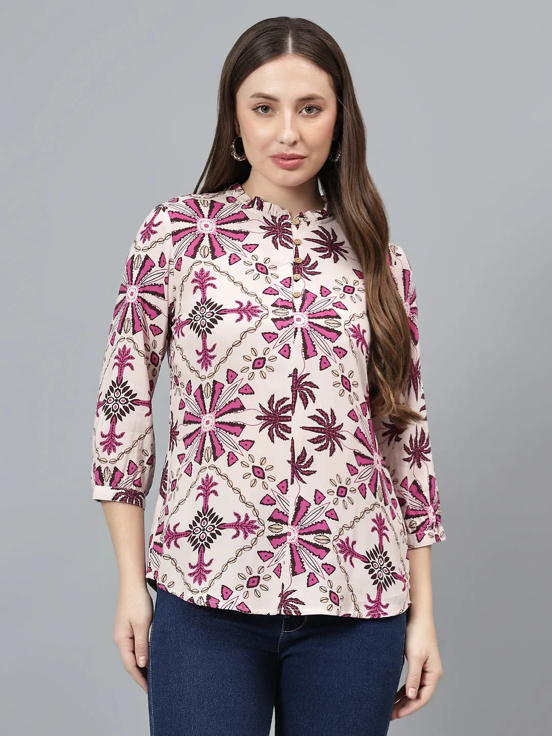 Women Multicolor Printed Band Collar Casual Tunic