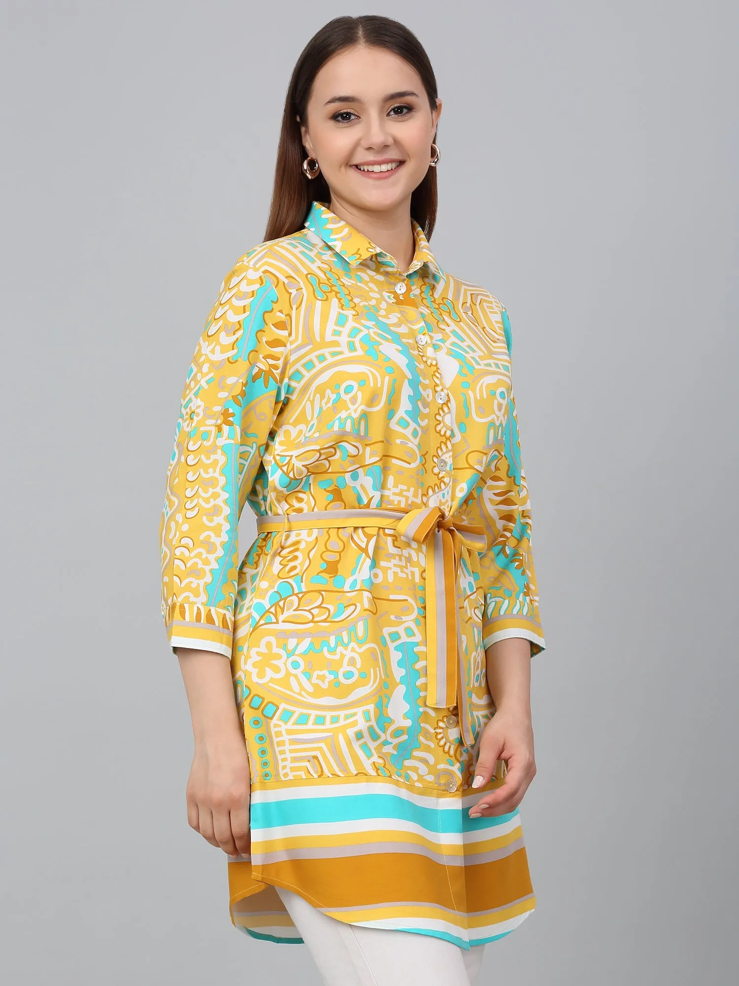 Women Mustard Printed Spread Collar Casual Tunic