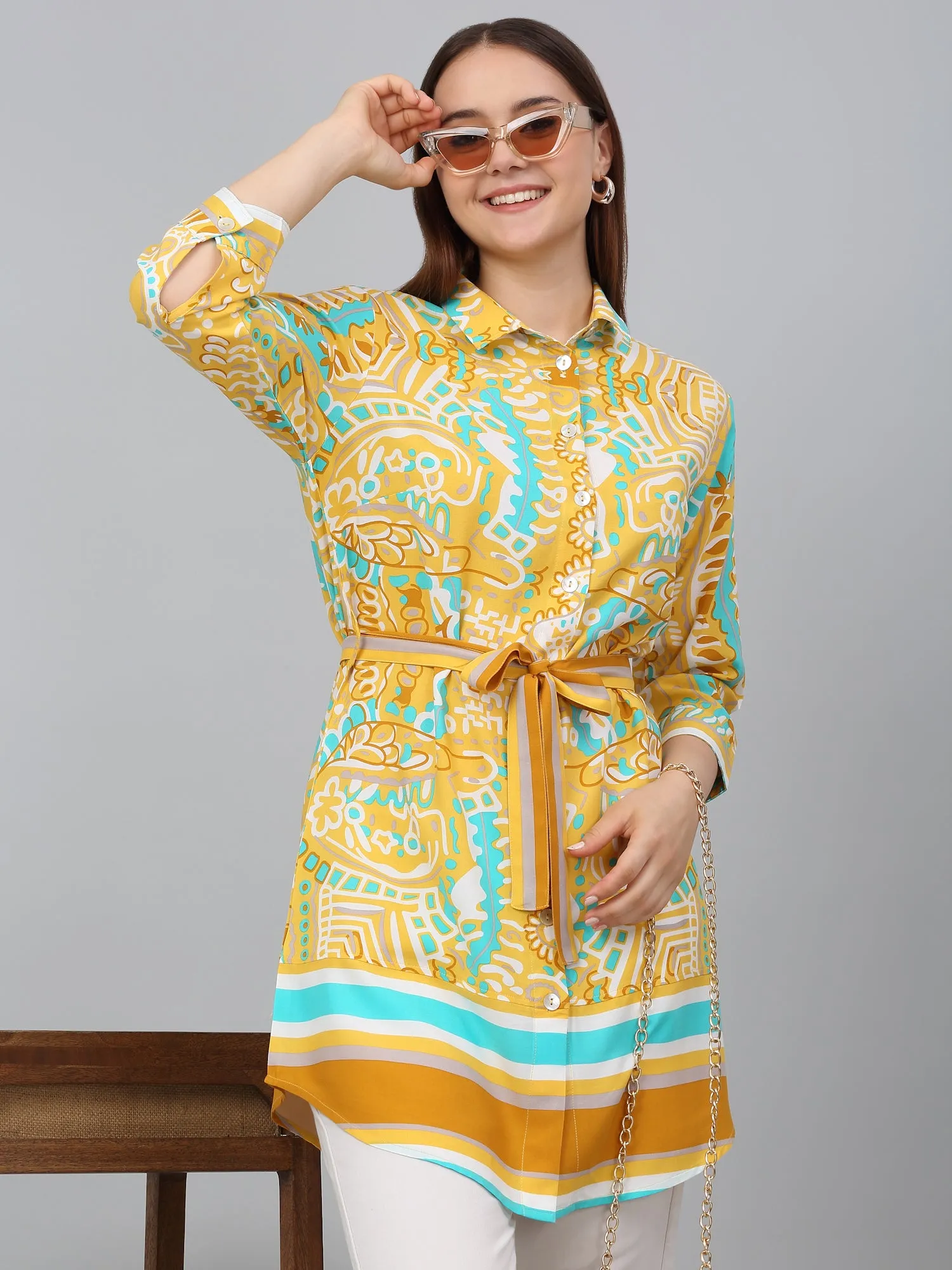 Women Mustard Printed Spread Collar Casual Tunic