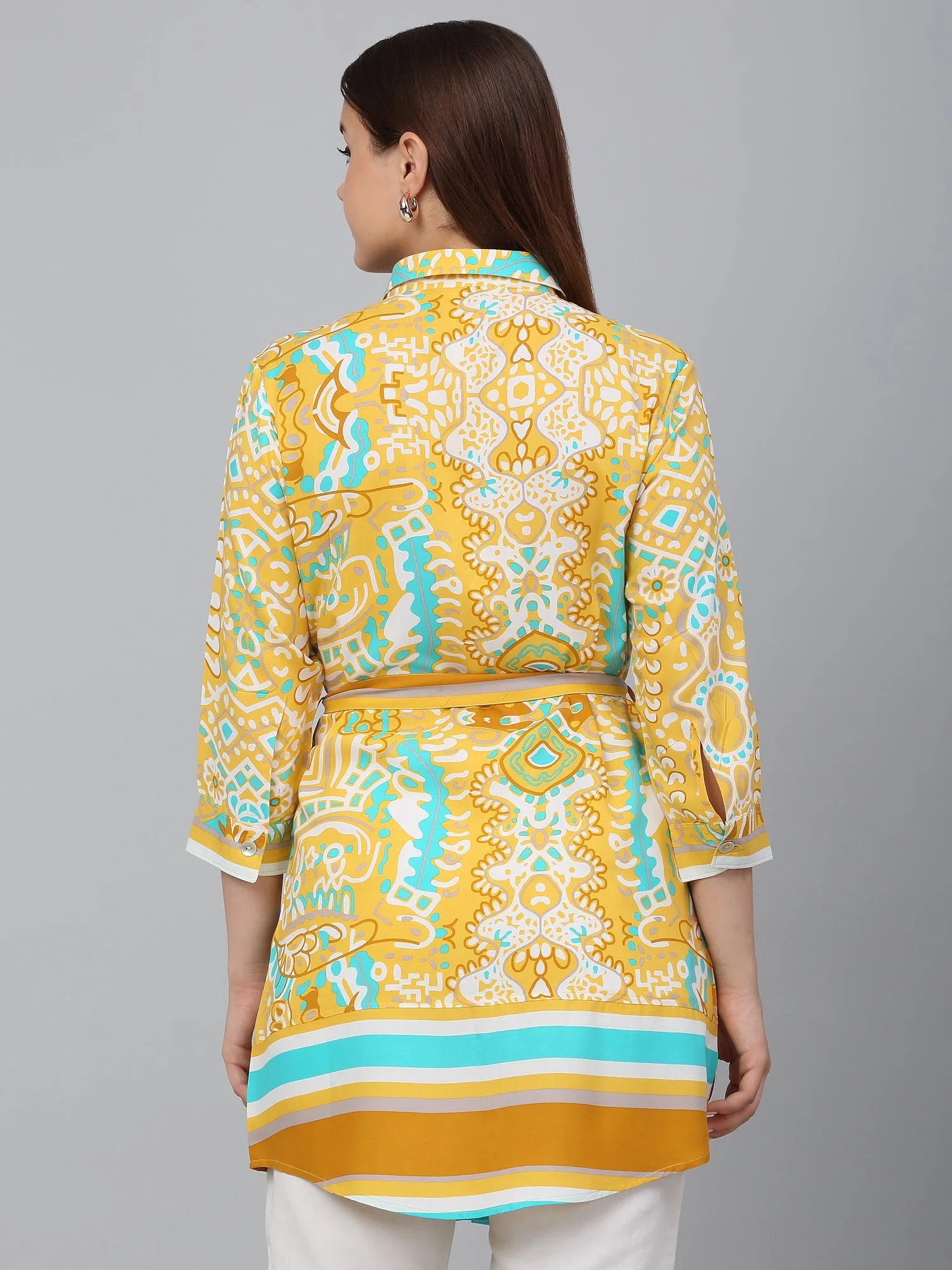 Women Mustard Printed Spread Collar Casual Tunic