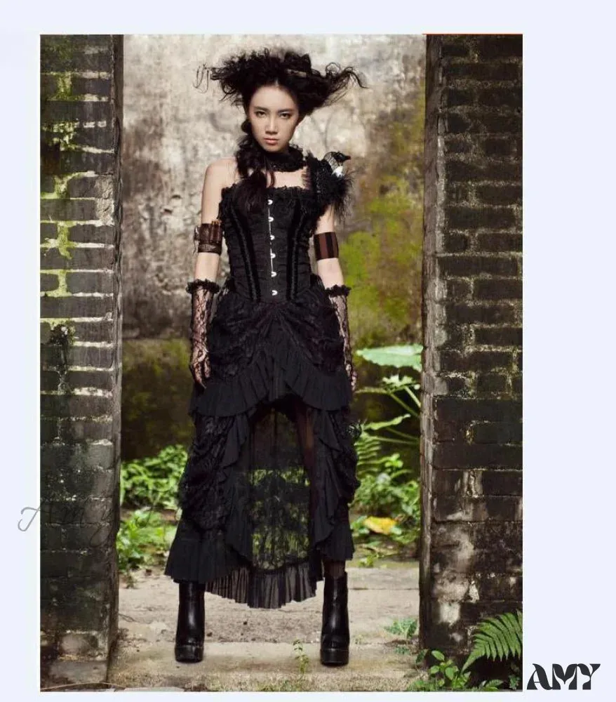 Women Retro New Lace Long Ruffle Victorian SteamGothic Dress Goth Up Skirt