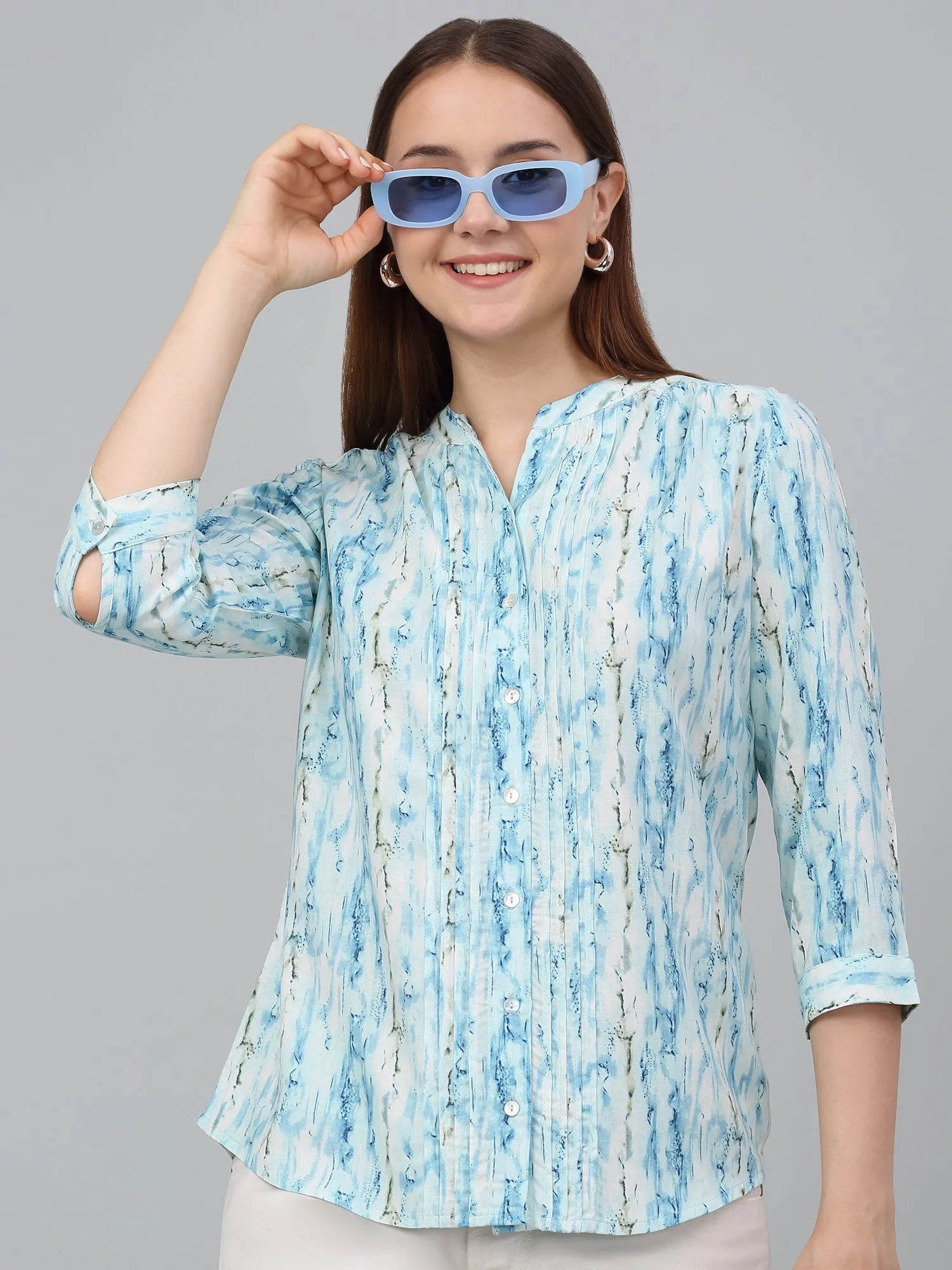 Women Sky Blue Printed Mandarin Collar Casual Tunic