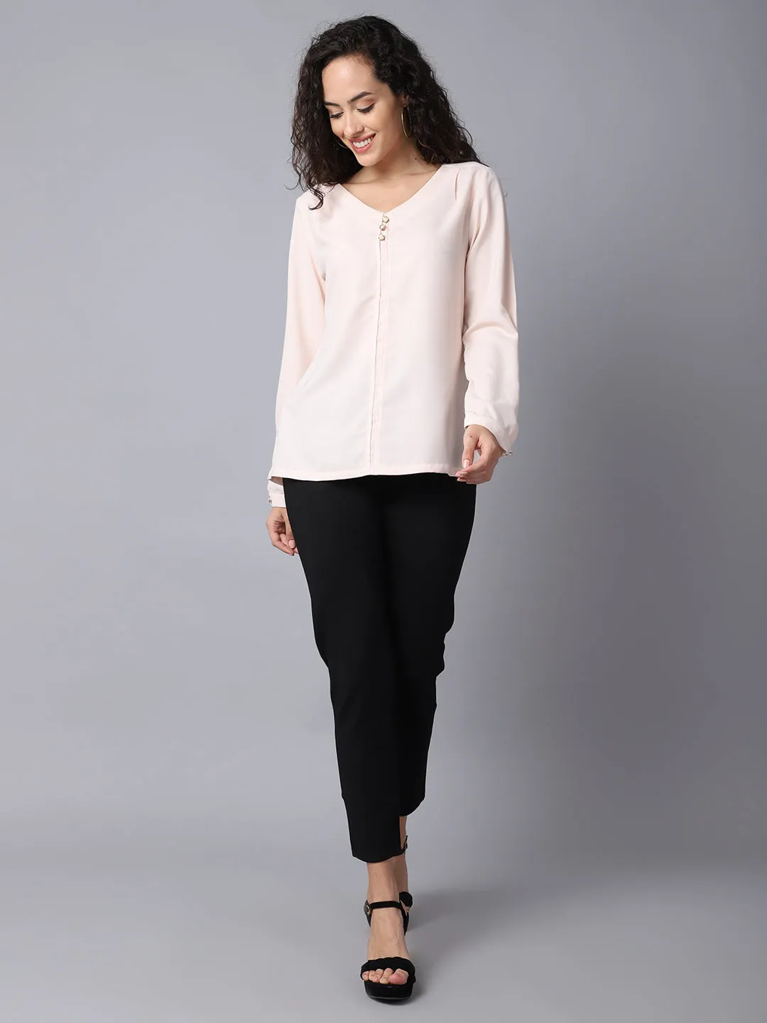 Women's Basic  Pink Solid V neck Top