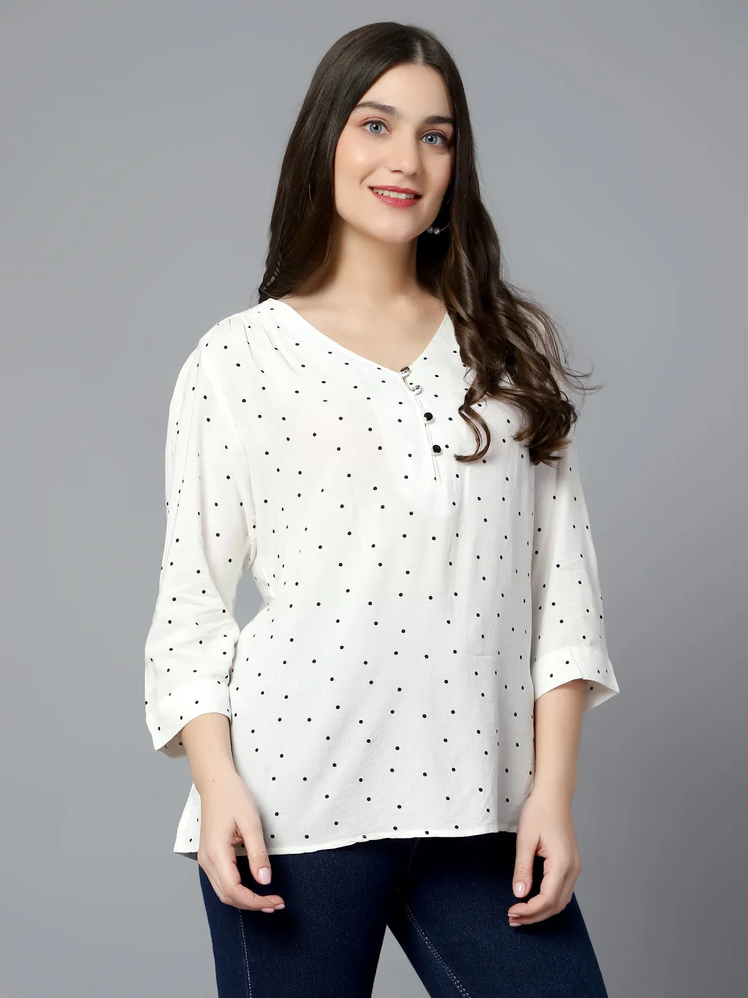 Women's Casual  Black white Polka Dot Print V neck Top