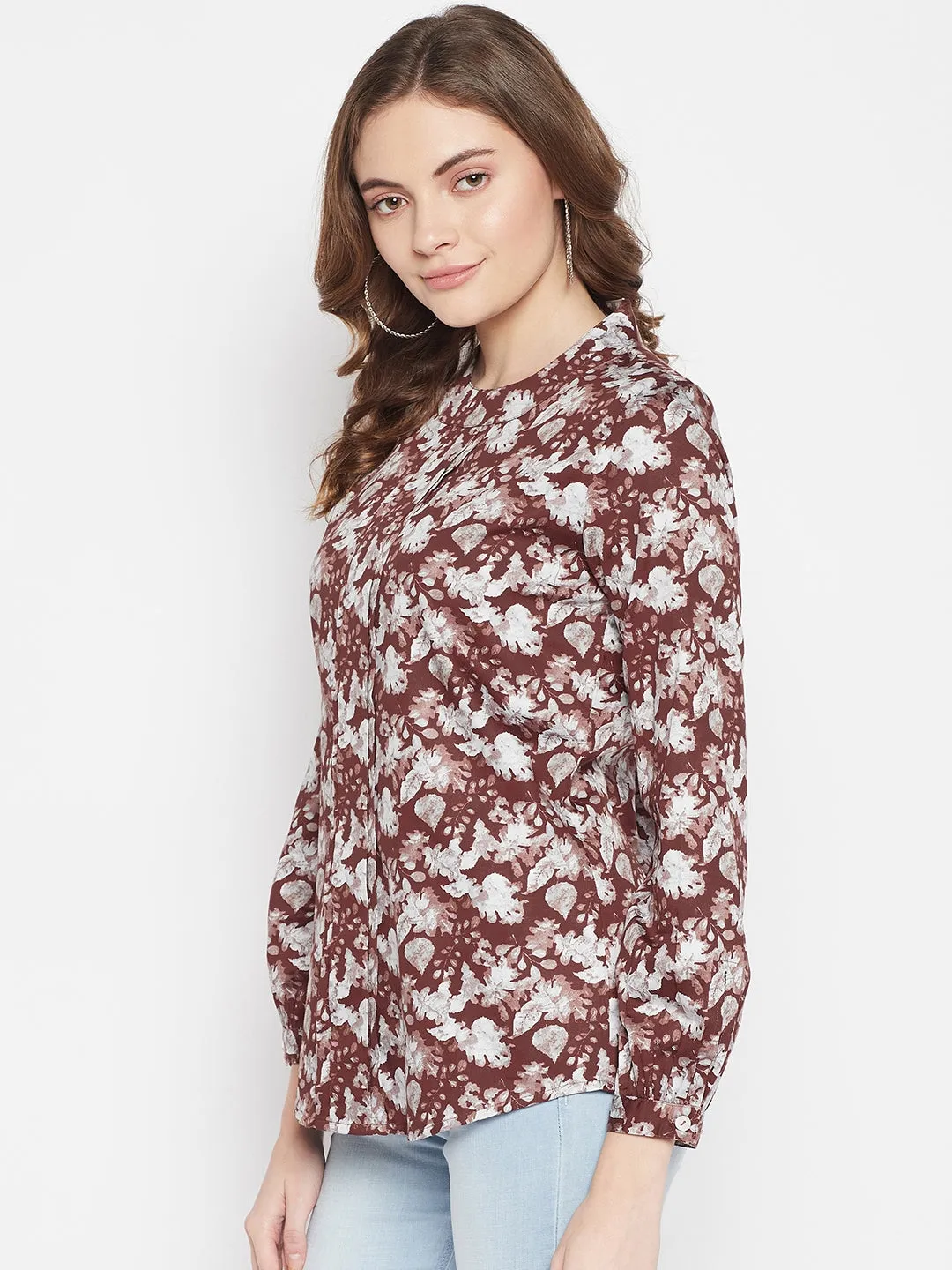 Women's Casual  Brown Floral Print Round neck Top