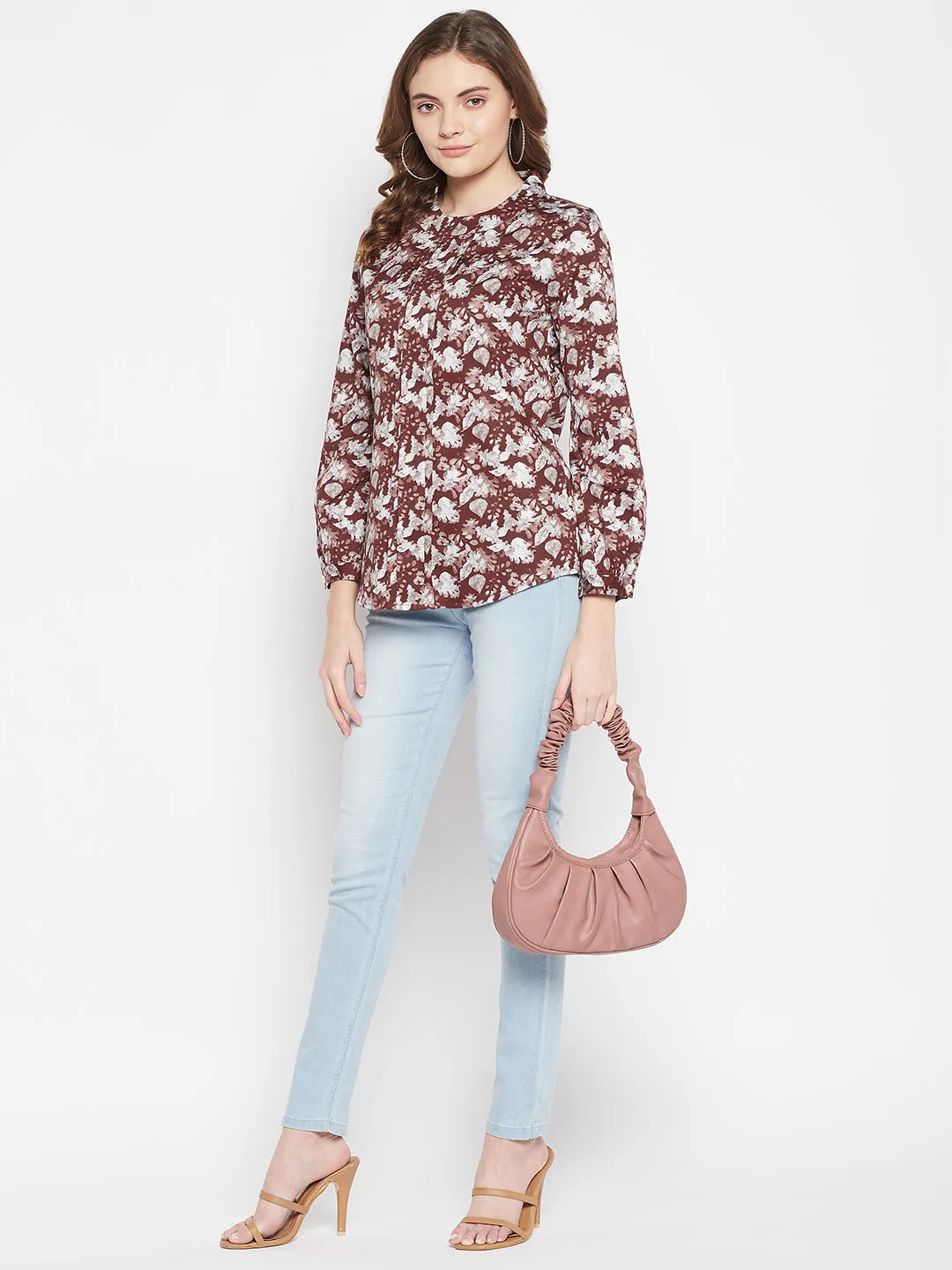 Women's Casual  Brown Floral Print Round neck Top