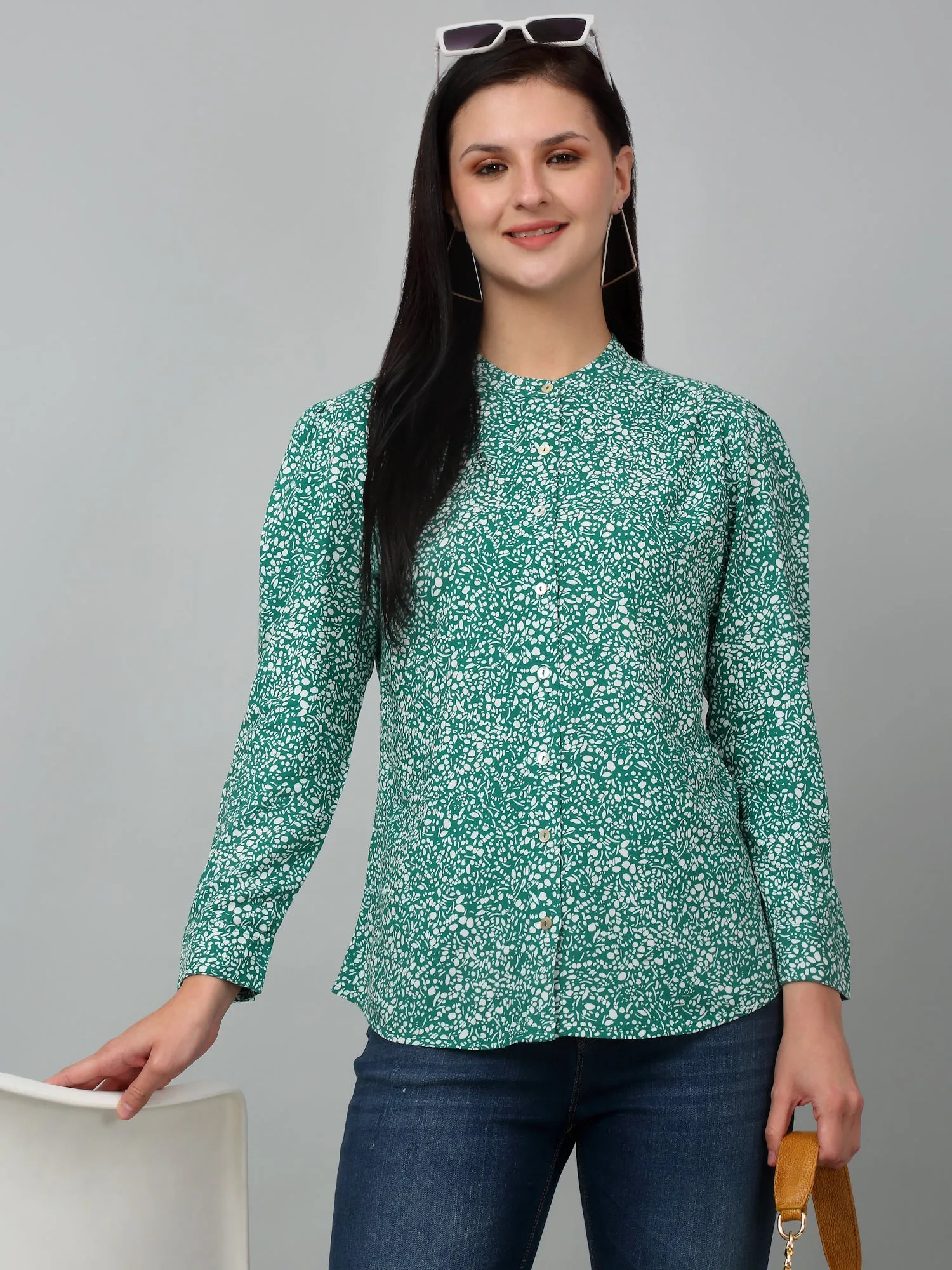 Women's Casual  Green Ditsy Print Mandarin Collar Tunic