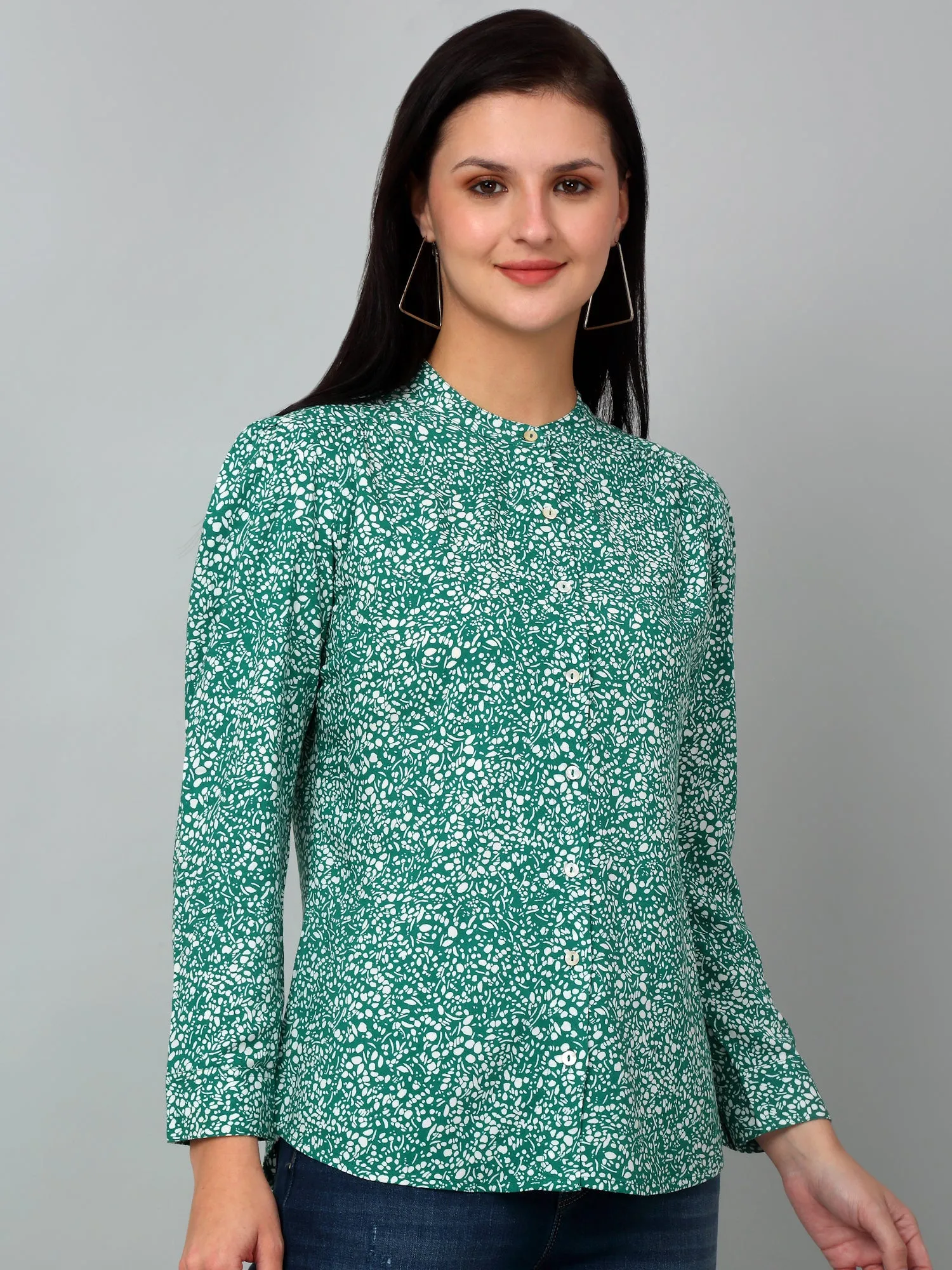 Women's Casual  Green Ditsy Print Mandarin Collar Tunic