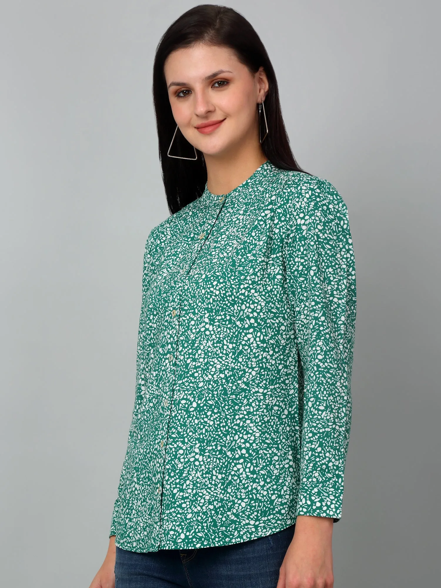 Women's Casual  Green Ditsy Print Mandarin Collar Tunic