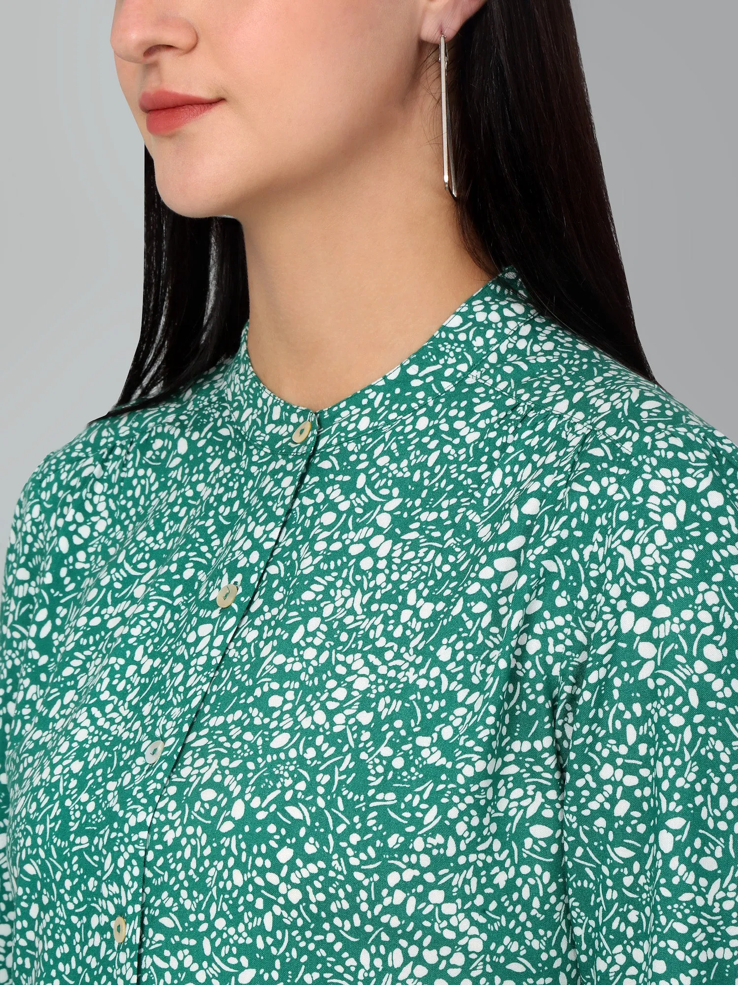 Women's Casual  Green Ditsy Print Mandarin Collar Tunic