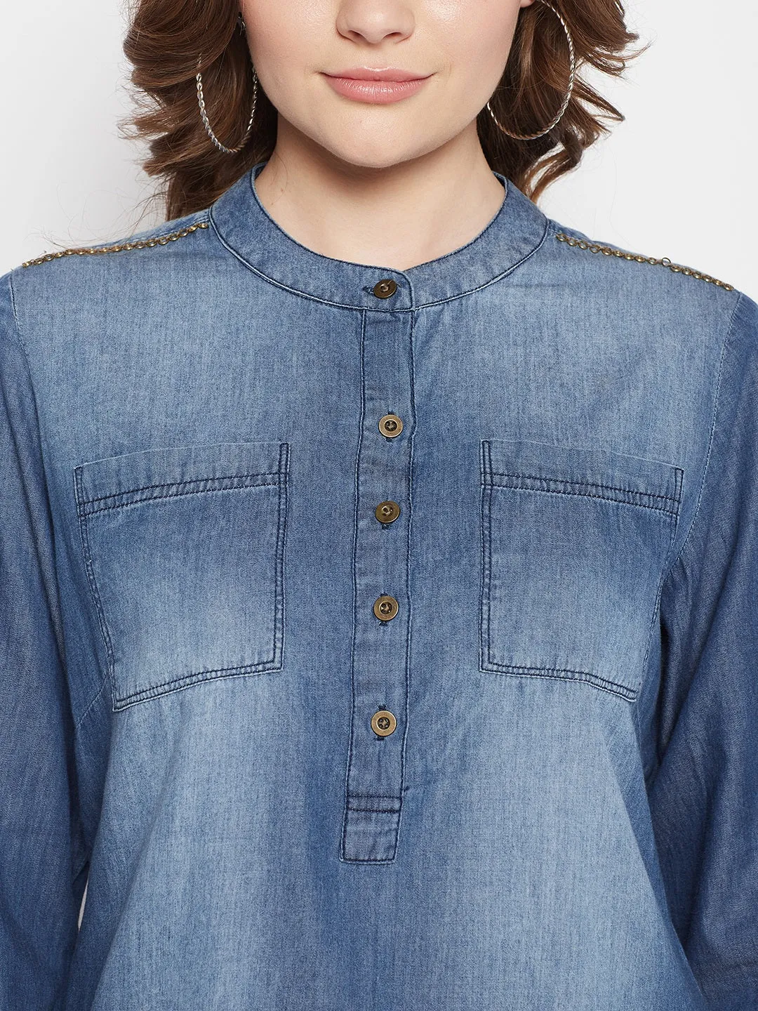 Women's Casual  Mid denim blue Denim Round neck Tunic